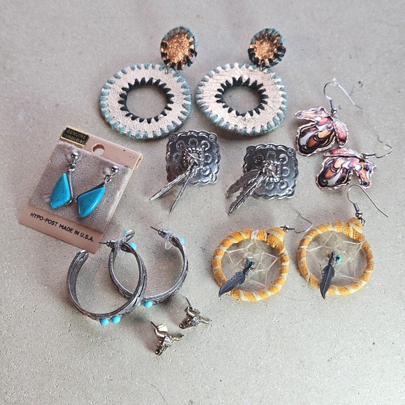 Jewelry - Western Earring Lot 7 Pairs Turquoise Steer Head Dreamcatcher Horse Hoops